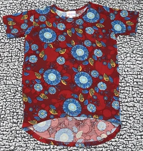 Lularoe Girls Kids Youth Casual Shirt Red & Blue Geometric Floral T-shirt Size 6 - Picture 1 of 7