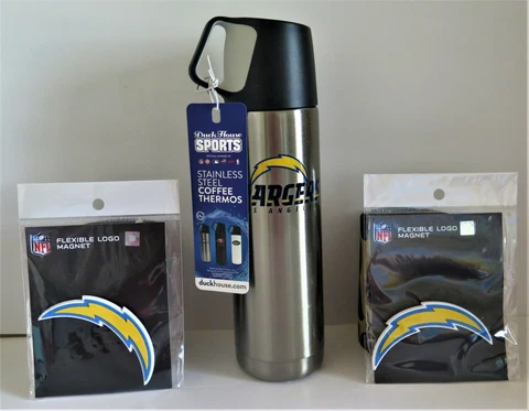 LOS ANGELES CHARGERS 17oz STAINLESS STEEL COFFEE THERMOS & TWO FLEXIBLE MAGNETS Cover
