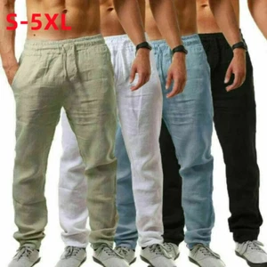 Mens Casual Sports Cotton Linen Pants Breathable Loose Running Yoga Trousers NEW - Picture 1 of 21
