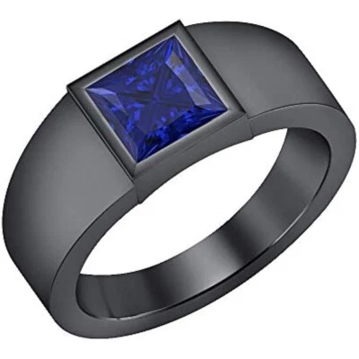 Alianza de boda para hombre de zafiro azul simulado princesa de 1 quilate chapada en oro negro de 14 quilates Foto 1 de 4