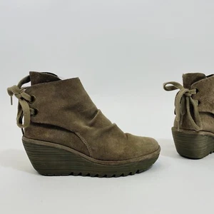 Fly London Yama Wedge Platform Bootie Suede Boot Women's 39 Taupe Slouch Bow - Picture 1 of 9