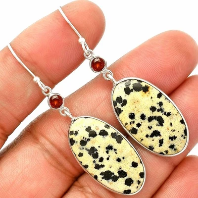 Natural Dalmatian & Garnet 925 Sterling Silver Earrings Jewelry E-1002 - Image 1 of 4