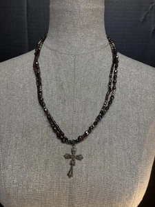 Sterling And Marcasite Cross With Glass Beads And Sterling Catch #4793 - Picture 1 of 6