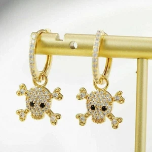 1Ct Round Cut Created Diamond Skull Halloween Earrings 14K Yellow Gold Plated - Picture 1 of 9