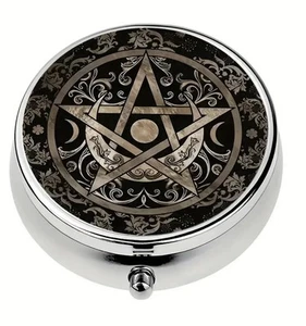 TRAVEL PILL BOX POT METAL ROUND-MYSTERIOUS GEOMETRIC SYMBOL MEDICINE COLLECTABLE - Picture 1 of 11