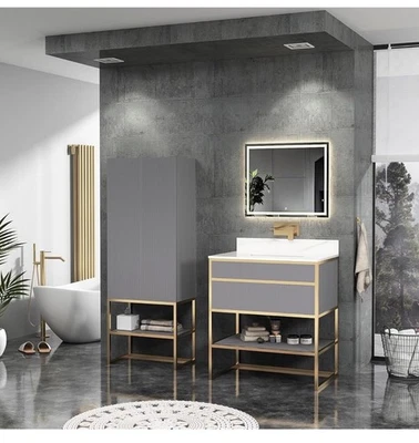 Vienna Rock Vanity Grey & Brushed Brass Push Drawer Carrara White Sink RRP 850£ - Image 1 of 4