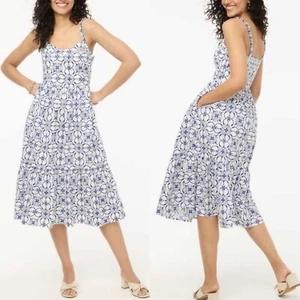 J.CREW Midi Dress Women 10 Poplin Corset NEW White Blue Print Pockets CA410 - Picture 1 of 18
