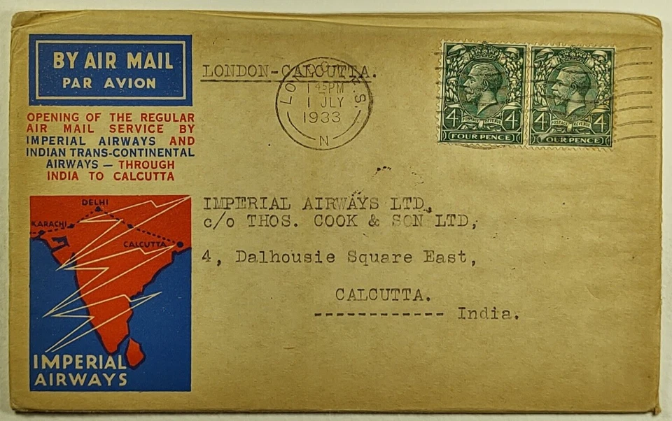 1933 First FLight Cover Imperial Airways London England - Karachi/Calcutta India - Image 1 of 2