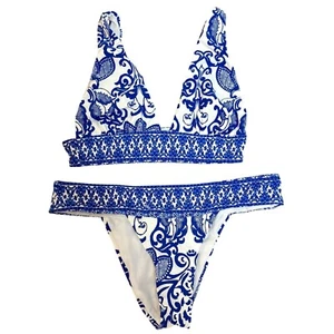 Gianni Bini Bikini Two Piece Set Size S Porcelain Blue Floral White Halter Low R - Picture 1 of 15