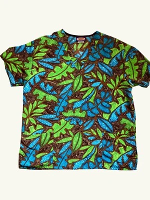 Colorful Leaf Print Silky Scrubs Top M Microfiber V-Neck - Image 1 of 4