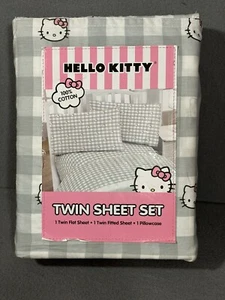 Sanrio Hello Kitty Gray and White Checkerboard Pattern Twin Size Sheet Set - Picture 1 of 4