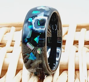 Galaxy Green Ring Black Tungsten Carbide Ring Abalone Wedding Band Opal Men Ring - Picture 1 of 7