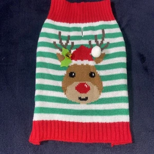 Simply Dog Red/Green/White Stripe Santa Hat Reindeer Christmas Sweater Size XS/S - Picture 1 of 3