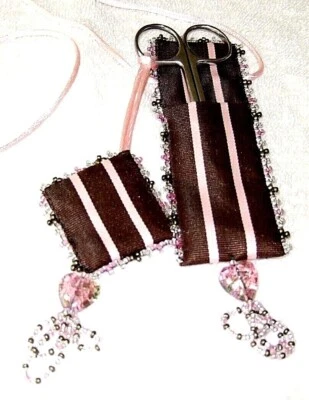 Pink Stripe On Brown Beaded Ribbon Scissor Case & Pincushion W/ Scissor - NEW - Image 1 of 3