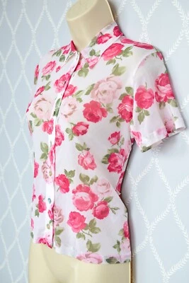 Vintage Y2K New Look Micro Mesh Top Shirt White Pink Roses UK 14 Never Worn - Image 1 of 4
