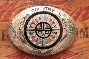 Vintage handgefertigte türkis Koralle Sonnengesicht Intarsien Arizona klassische Western Gürtelschnalle - Bild 1 von 4