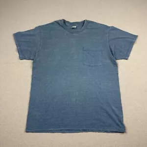Camiseta de trabajo vintage Fruit Tag azul desteñido en blanco cómoda camiseta de bolsillo grande - Imagen 1 de 6