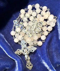 Vintage großer weißer Jadeit & Aurora Borealis Kristall Sterlingsilber 25" Rosenkranz - Bild 1 von 6