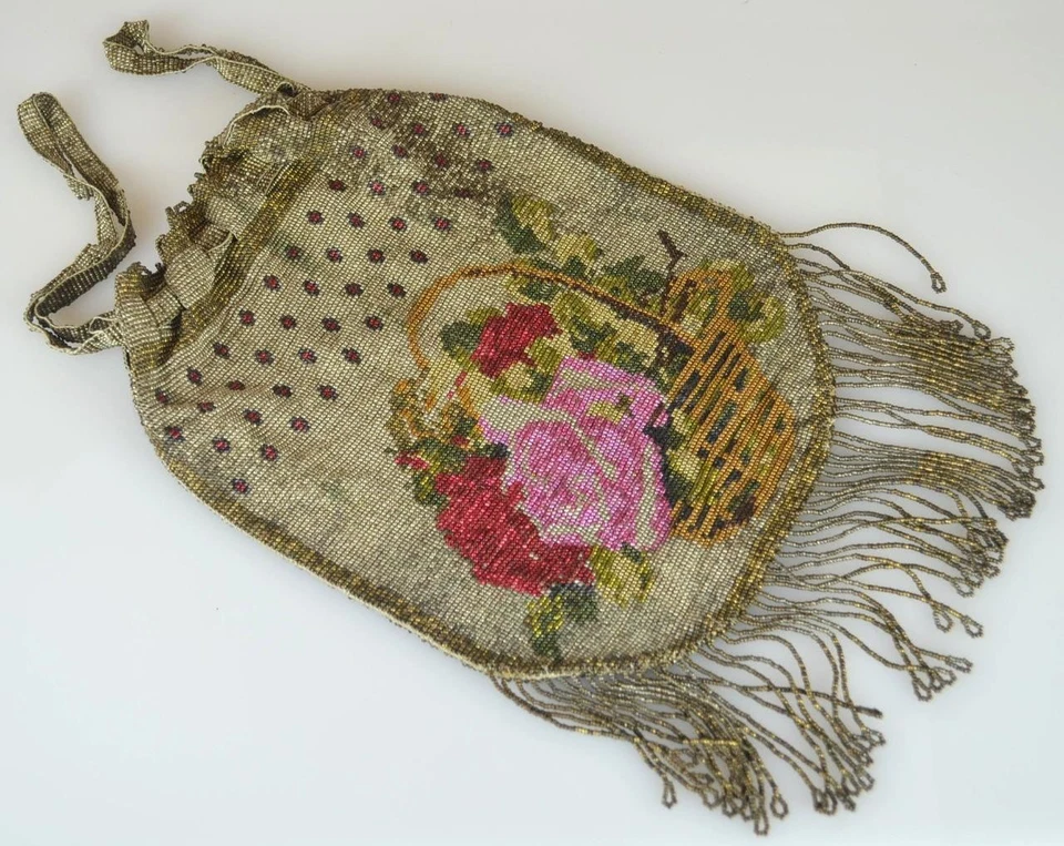 VICTORIAN MICRO BEAD FLORAL DRAWSTRING PURSE FLAPPER - 8" EXCLUDING TASSELS - Image 1 of 3