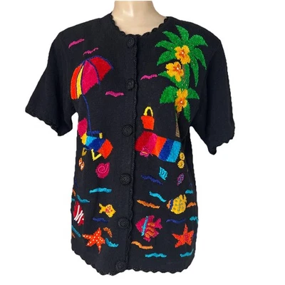 Victoria Harbour 毛衣 尺寸 中号 Cardigan Beach Vacation 主题 鱼棕榈树 — 第 1/4 张图片