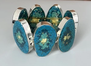VTG Silver Tone Lucite? Turquoise-Yellow-Unknown Material-Panel Stretch Bracelet - Picture 1 of 12