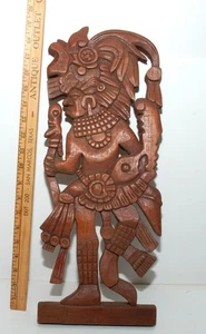 Vintage Mayan Aztec God Warrior Hand Carved Wood Wall Hanging 19"X8" Very Good - Picture 1 of 7