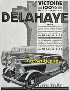 PUBLICITE DELAHAYE VICTOIRE TOUR DE FRANCE MEDAILLE D’OR DE 1933 AD PUB RARE - Imagen 1 de 1