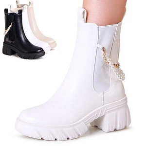 Damen Plateau Stiefeletten Halb Stiefel Chelsea Boots Kette Zierperlen - Bild 1 von 8