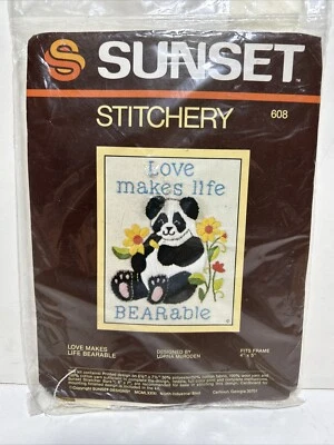Vintage Sunset Designs Stitchery Kit 608 Panda Love makes life, BEARable 4x5” - Image 1 of 4
