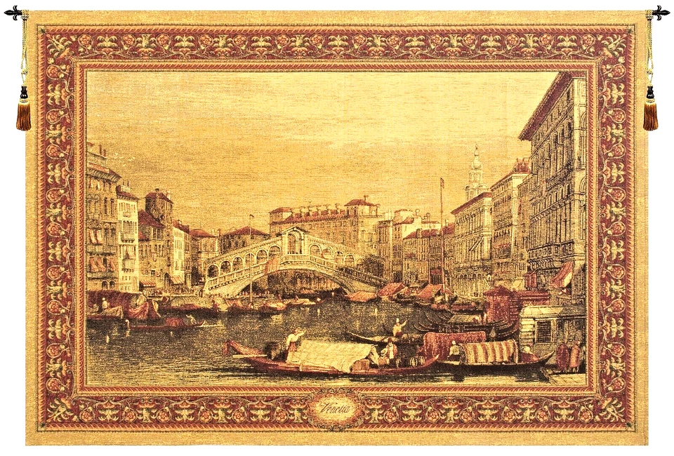 Venice Rialto Belgian Woven Chenille Landscape Tapestry Wall Hanging 54 x 72 Lar - Image 1 of 4