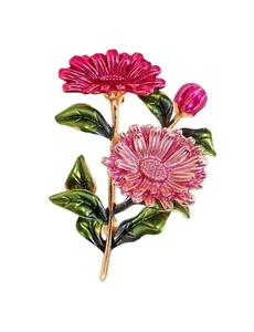 Broche Pin Flor Rosa con Flores Esmalte Claro y Oscuro, y Hojas Verdes Nuevo - Imagen 1 de 6