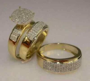 2Ct Round-Cut Lab Created His Her Trio Set Wedding Band Ring 14K Yellow Gold FN - Picture 1 of 3