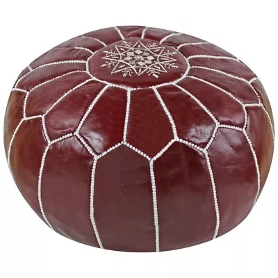 LEATHER POUF MOROCCAN OTTOMAN FOOTSTOOL GENUINE UNSTUFFED ROUND HANDMADE BURGUND - Image 1 of 4