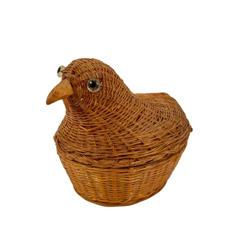 Vintage Woven Wicker Rattan Bird Chicken Lidded Basket Shanghai Handicrafts Cover