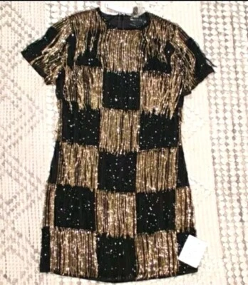 Vestido ASOS DESIGN enfeitado com painéis franja frisada em preto e dourado 4 - Imagem 1 de 4