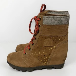 Sorel Lexie Wedge Women’s Size 5 Brown W/ Stars Leather Winter Boots Shoes - Picture 1 of 6