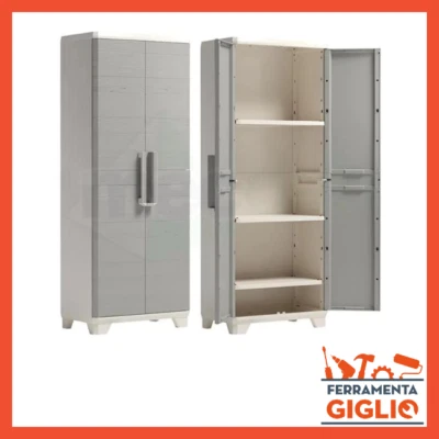 Armadio Armadietto per da Esterno in Resina Alto Antipioggia Balcone 2 Ante Wood - Immagine 1 di 2