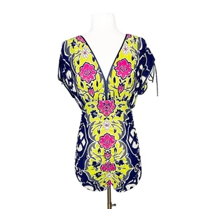 Vintage Y2K Hale Bob S Small Ruched Tunic Top Floral Micro Mesh Stretch Fitted - Picture 1 of 7