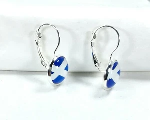 SCOTLAND FLAG SALTIRE LEVERBACK DROP EARRINGS BLUE WHITE FLATBACK BEADS HANDMADE - Picture 1 of 4