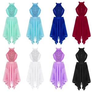 UK Girls Halter Sequins Lyrical Dance Dress Latin Contemporary Costume Dancewear - Picture 1 of 63