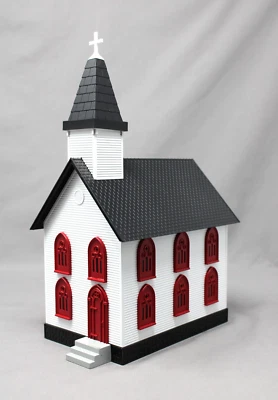 Iglesia del condado MTH #30-9057 #5, blanca con adornos rojos, iluminada, C8 Foto 1 de 4