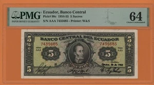 ECUADOR 5 SUCRES 1955 AAA PICK # 98c PMG 64 CHOICE UNCIRCULATED. - Imagen 1 de 2