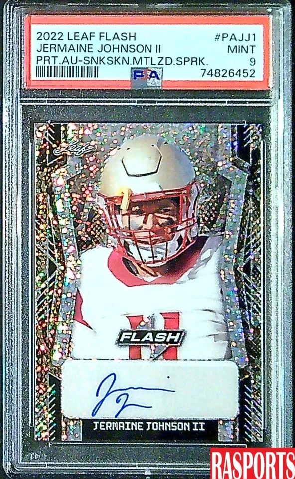 2022 JERMAINE JOHNSON AUTOGRAPH SNAKE SKIN SPARK LEAF FLASH Rookie PSA 9  SN 3/3 - Image 1 of 2