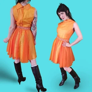 60s Vintage Orange Cocktail Dress Sheer Minidress Medium Rhinestone Belt Detail - Picture 1 of 7