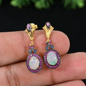 925 Solid Silver Oval Opal Ruby Blue Sapphire Women Earring - Picture 1 of 4