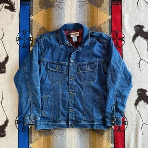 Vintage 90s Wrangler Rugged Wear Plaid Lined Denim Chore Jacket Size XL Tall - Picture 1 of 10