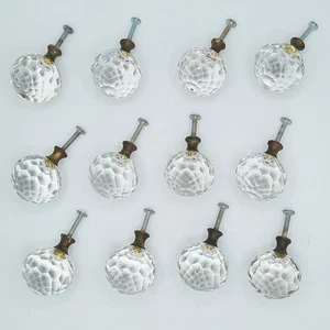 Vintage 8 Clear Crystal Glass/Brass Round Cabinet Drawer Pulls Knobs Diamond Cut - Picture 1 of 3