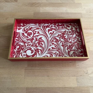 Michel Design Works Red White Gold Ladquer Holiday Serving Vanity Tray 12.5 x 8" - Picture 1 of 6