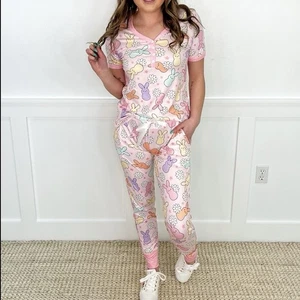 Shirley & Stone Ostern Peeps Kurzarm Jogger Pyjama Lounge Set Gr. Medium - Bild 1 von 15