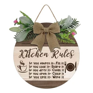 12"x4" Fun Kitchen Rules Wooden Sign Hanging Kitchen Decor Farmhouse Style - Picture 1 of 6